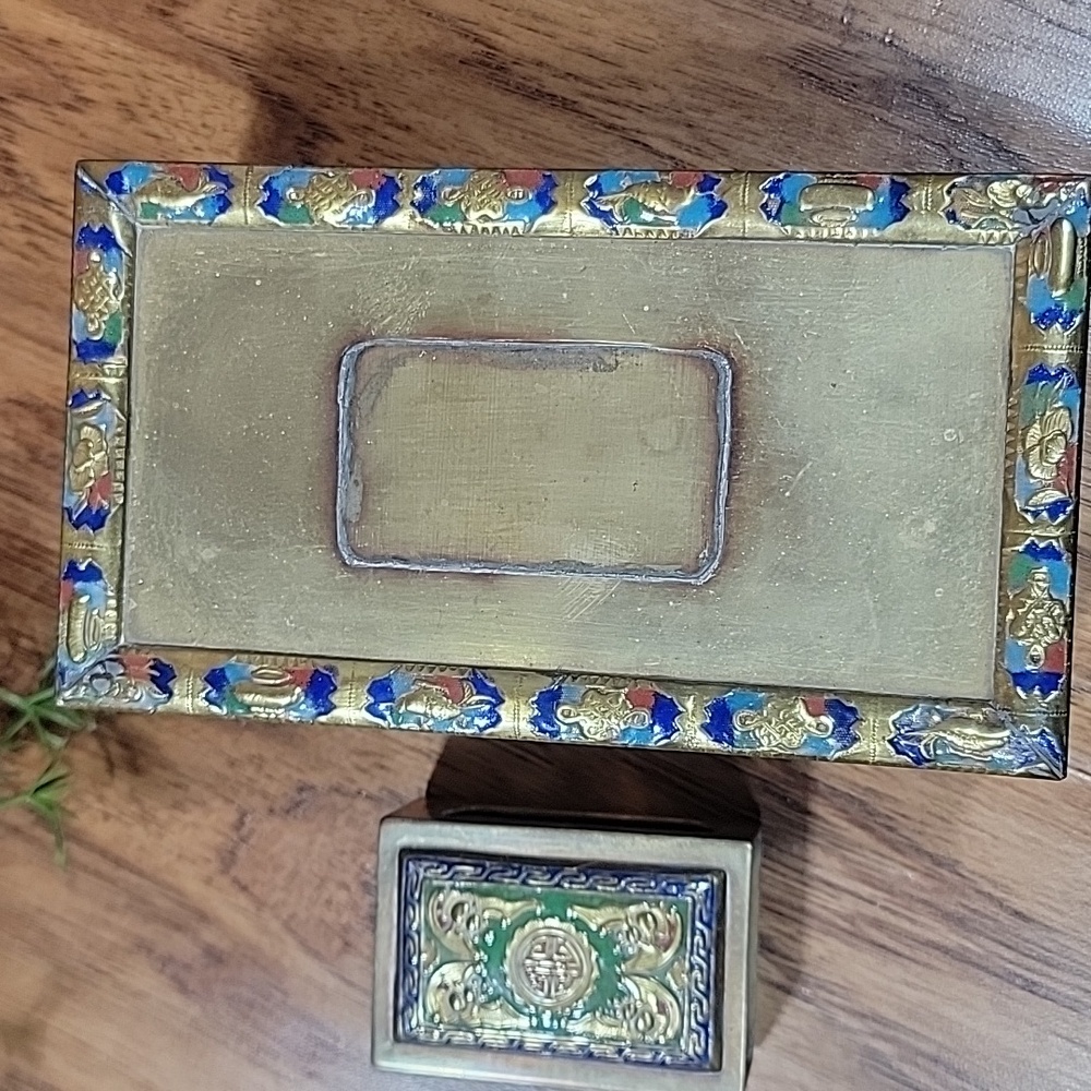 Antique Cloisonne Brass Cigarette & Matchbox Holder - Picture 5 of 14